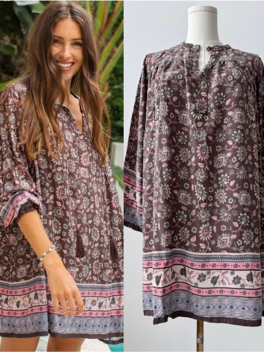 Natural Life Boho Dress S Brown Floral Peasant Rayon Cottagecore Flowy